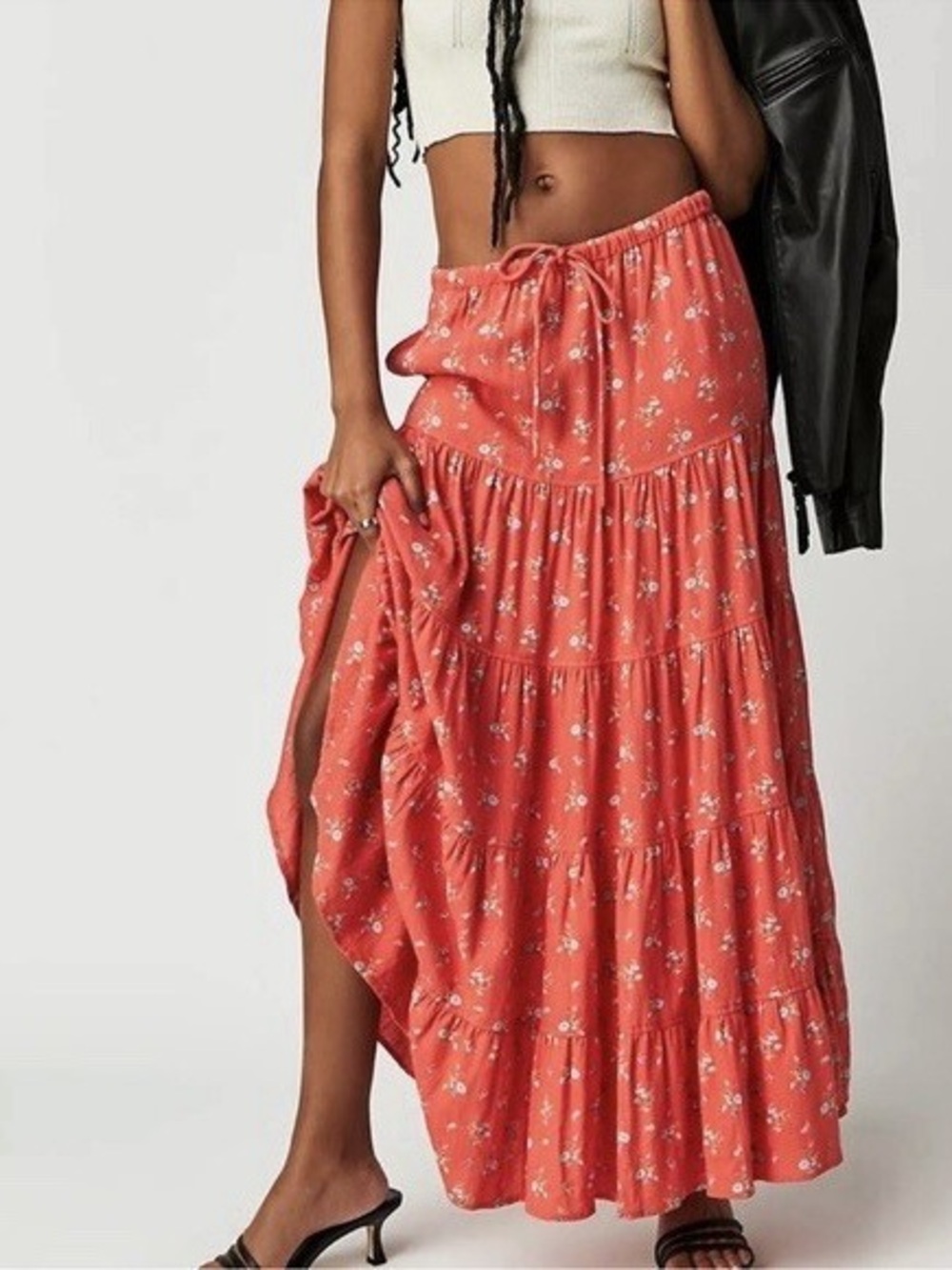 Free People Women’s Large Floral Maxi Skirt Coral Tiered Linen Blend Boho